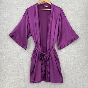 Turquaz Robe Womens Large Purple Linen Kimono Short Sleeve Belted Silky
